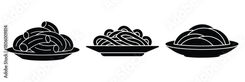 pasta plate minimal food icon set, black color and white background