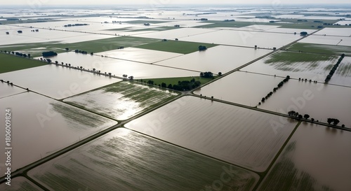Extensive flooded agricultural fields reflecting sunlight geometric patterns under a hazy sky
