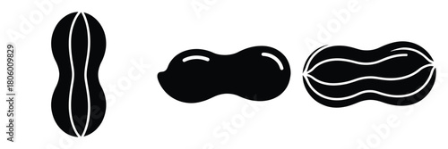 peanut shell minimal food icon set, black color and white background