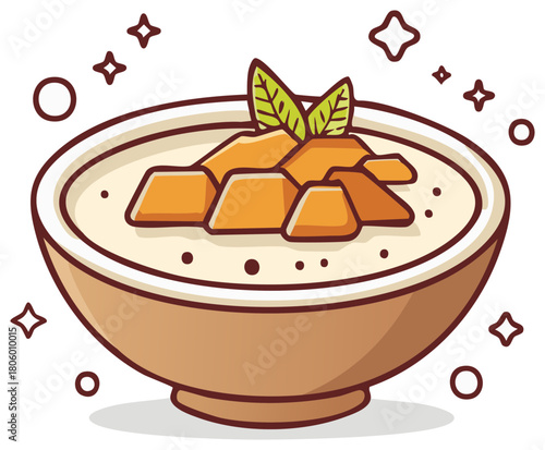 Delicious cubed fruit dessert presented in a bowl with fresh green leaves, a delectable treat adorned with sparkling radiance for a cheerful feel