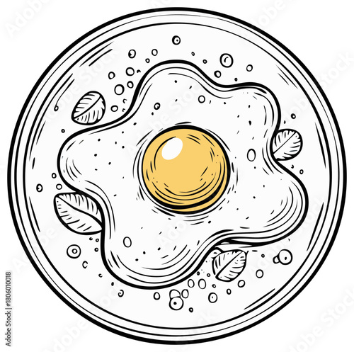 Stylized Fried Egg with Greens and Spices on a Plate Illustration