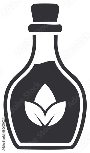 Dark glass bottle with cork stopper containing liquid and a leaf symbol representing natural ingredients