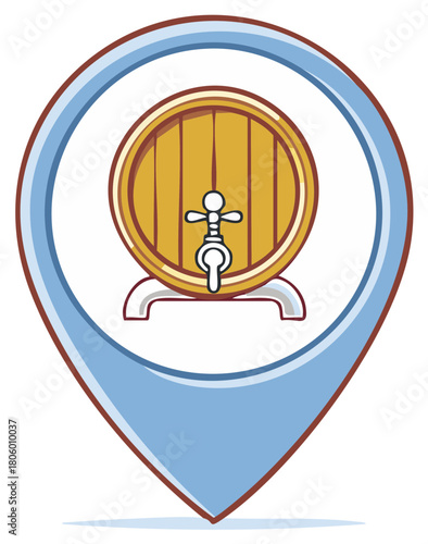 Location map pin with wooden barrel and tap symbol for brewery or pub destination