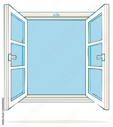 Minimalist open window illustration vector with white frame and clear blue light