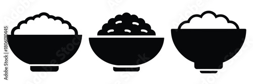 rice bowl minimal food icon set, black color and white background