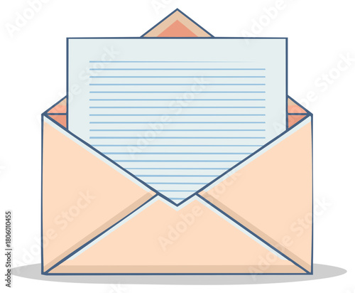 Open Peach Envelope with Lined Paper Inside, Clean Illustration