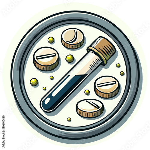 Medical research icons with pills and blood sample in petri dish