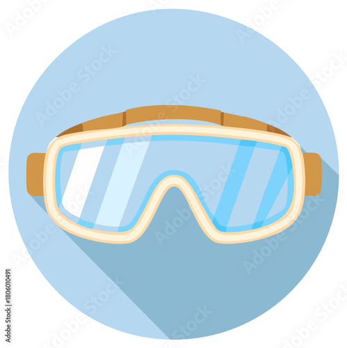 Flat design illustration of a diving mask with clear blue lenses and an adjustable strap icon