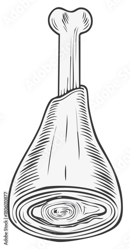 Engraved illustration of a rustic ham hock with bone traditional butchery culinary graphic