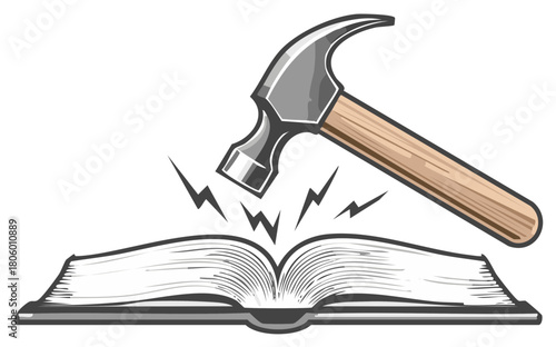 Hammer Crashing Down on Open Book with Lightning Bolts Emitting Illustrated Vector Concept