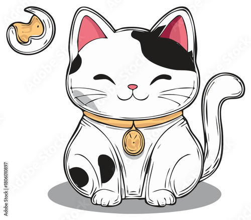 Cartoon Maneki Neko Lucky Cat with Coin, Symbol of Luck and Wealth