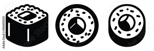 sushi roll minimal food icon set, black color and white background