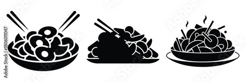 stir fry minimal food icon set, black color and white background