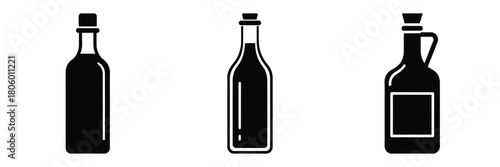 vinegar bottle minimal food icon set, black color and white background