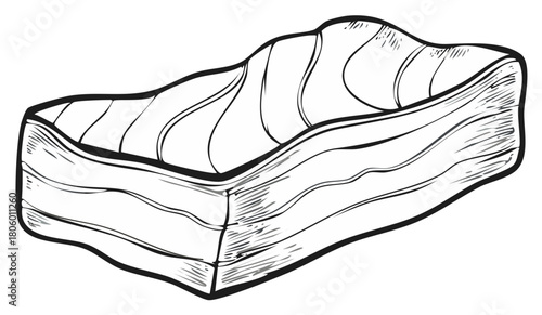 Hand drawn illustration of a rectangular slice of smoked salmon with wavy lines representing fat streaks