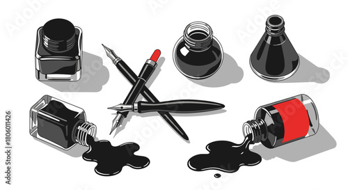 Graphic Design Ink Tools and Calligraphy Set Flat Lay Vector Illustration