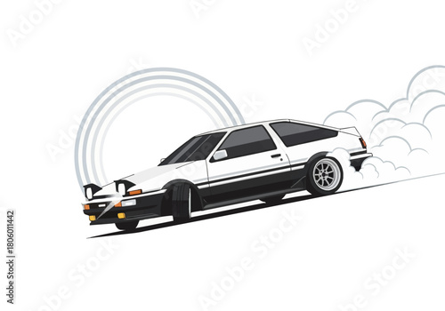 Classic White Sports Coupe Performing a Drift with Smoke Trails.