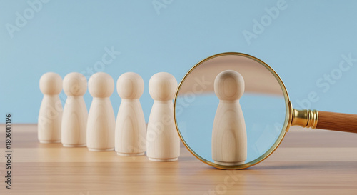 Magnifying glass focusing on a wooden figure representing a person