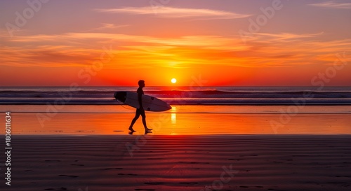 Silhouette of a surfer carrying a surfboard walking on a sandy beach during a vibrant orange sunset over the ocean