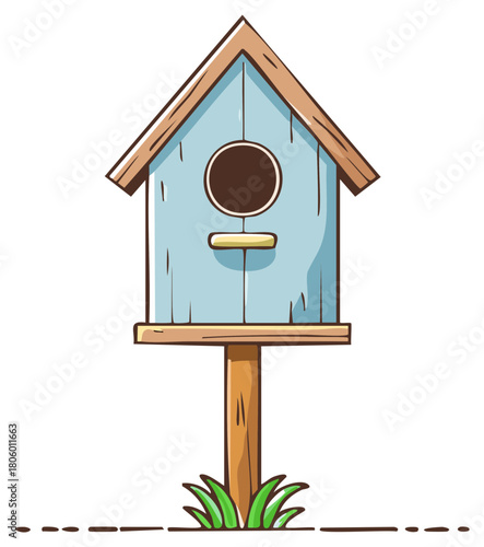 Simple blue wooden birdhouse on a post in a cute hand-drawn cartoon style illustration.