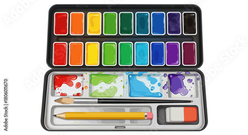 Classic Watercolor Pan Set and School Art Supplies Vector