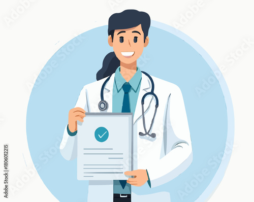 Male doctor smiling while holding a certificate on blue background  