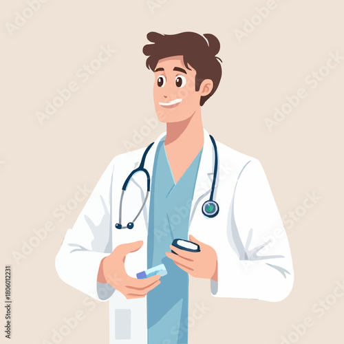 Young male doctor smiling while holding medical equipment in clinic  