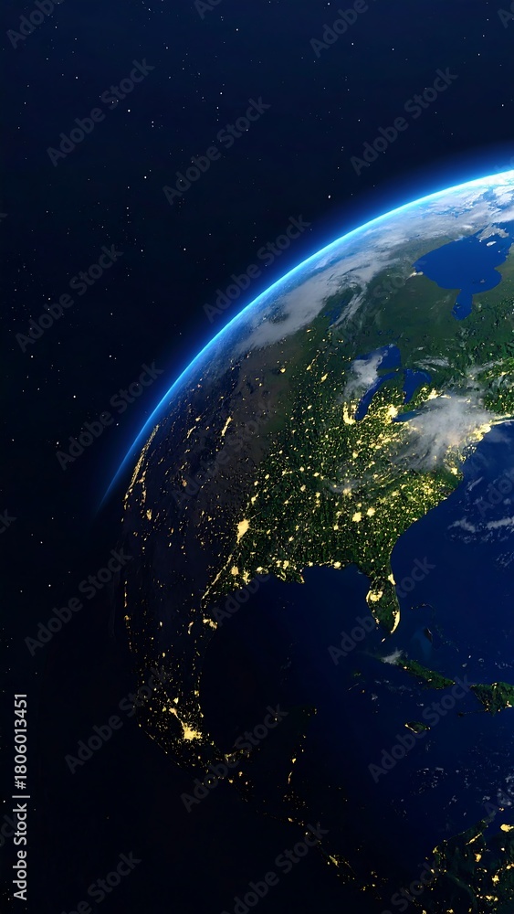 Fototapeta premium Earth from space at night, city lights illuminate North America.