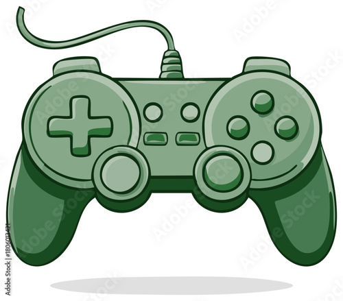 Classic green wired video game controller cartoon illustration with a retro design