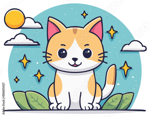 Cute cartoon cat in dreamy night scene with stars, sun, and clouds