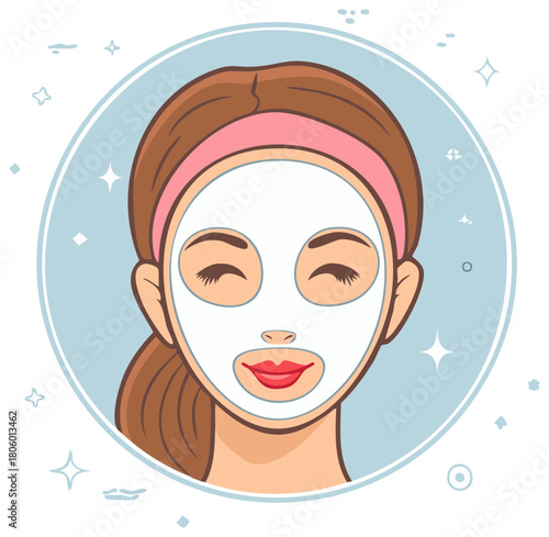 Woman with hydrating sheet mask enjoying a beauty skincare routine for facial treatment