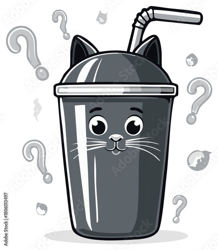Curious Cat Cup with Question Marks Surprise Drink Illustration