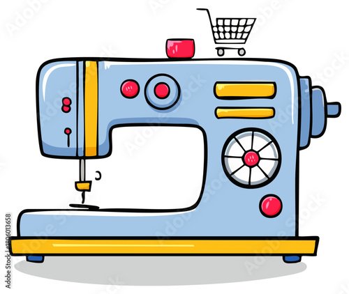 Cartoon Illustration of a Sewing Machine with Shopping Cart Above