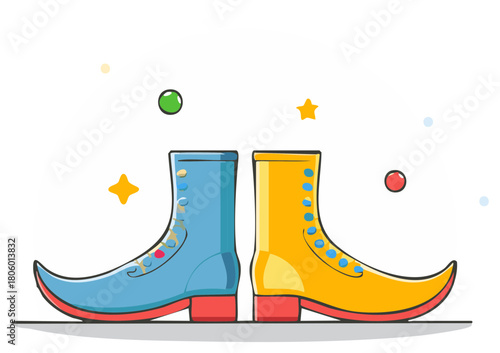 Cartoon image featuring two different colored pointy toe elf boots