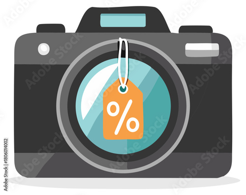 Flat design camera with percentage symbol price tag representing photography sale promotion
