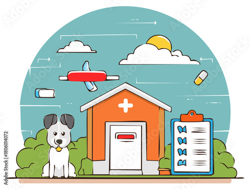 Cute cartoon dog sits outside a veterinary clinic with a clipboard and medical supplies