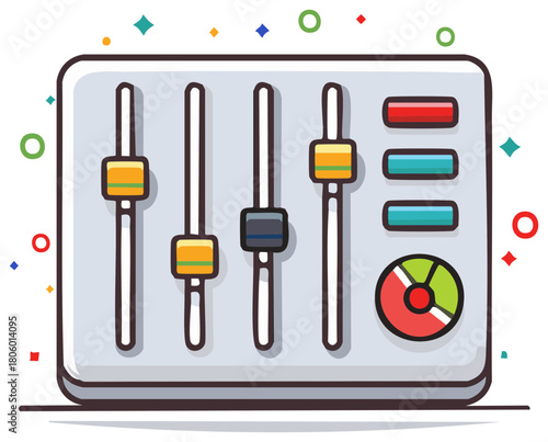 Cartoon audio mixer illustration with sliders, buttons, and volume dial, colorful design