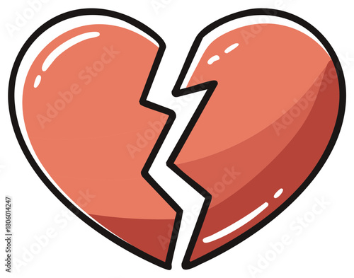 Cartoon illustration of a cracked red heart symbol for heartbreak, breakup, and sadness