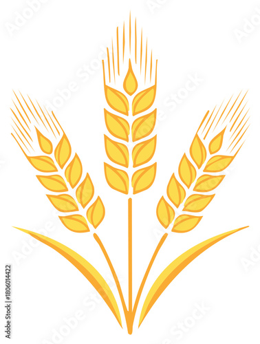 Stylized golden wheat ears vector icon, representing agriculture, harvest, and cereal grains.