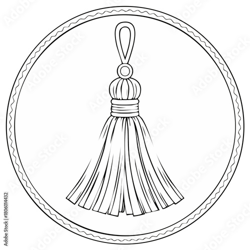Line drawing of a decorative tassel element inside of a circle frame
