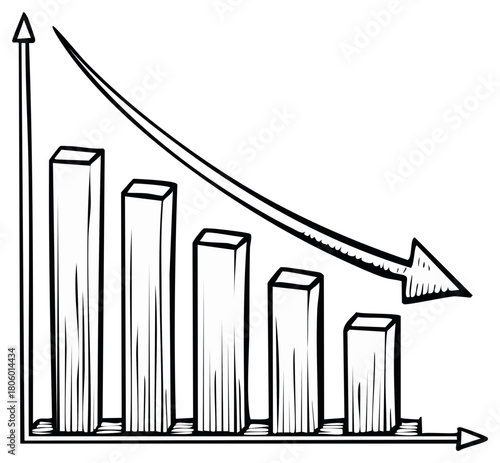 Hand drawn bar chart showing a steep downward trend with an arrow indicating decline