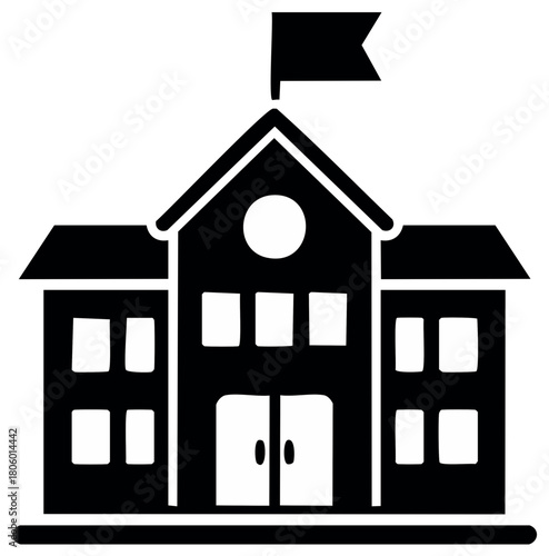 Black silhouette icon of an academic school building with a flag representing education and learning institution