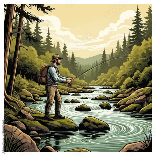Fly fisherman with backpack standing on a rock casting a line into a beautiful river in the forest