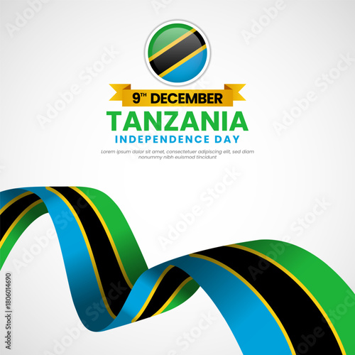 Tanzania independence day greeting card, square banner background with warving ribbon flag