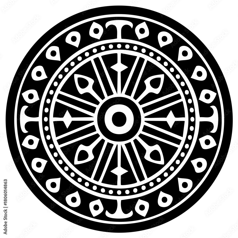 Fototapeta premium Dharma Wheel Symbol in Black and White Circular Design with Arrows and Ornamentation