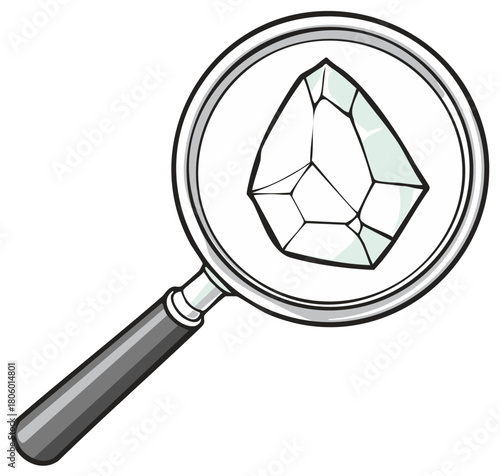 Cartoon magnifying glass analyzing the facets of a precious gemstone