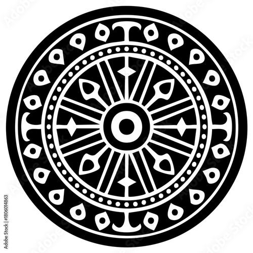 Dharma Wheel Symbol in Black and White Circular Design with Arrows and Ornamentation