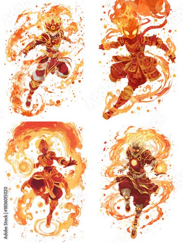 Dynamic fantasy illustrations of fire warriors surrounded by swirling flames, powerful energy, and dramatic glowing heat effects, shown in bold action poses on a clean white background.