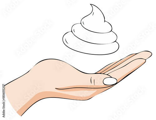 Stylized hand holding fluffy white foam or cream with outline drawing