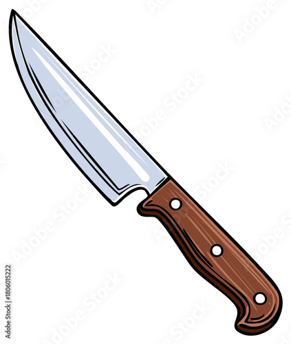 Chef's Knife with Wood Handle Illustration, Stainless Steel Blade, Cooking Utensil and Kitchen Tool